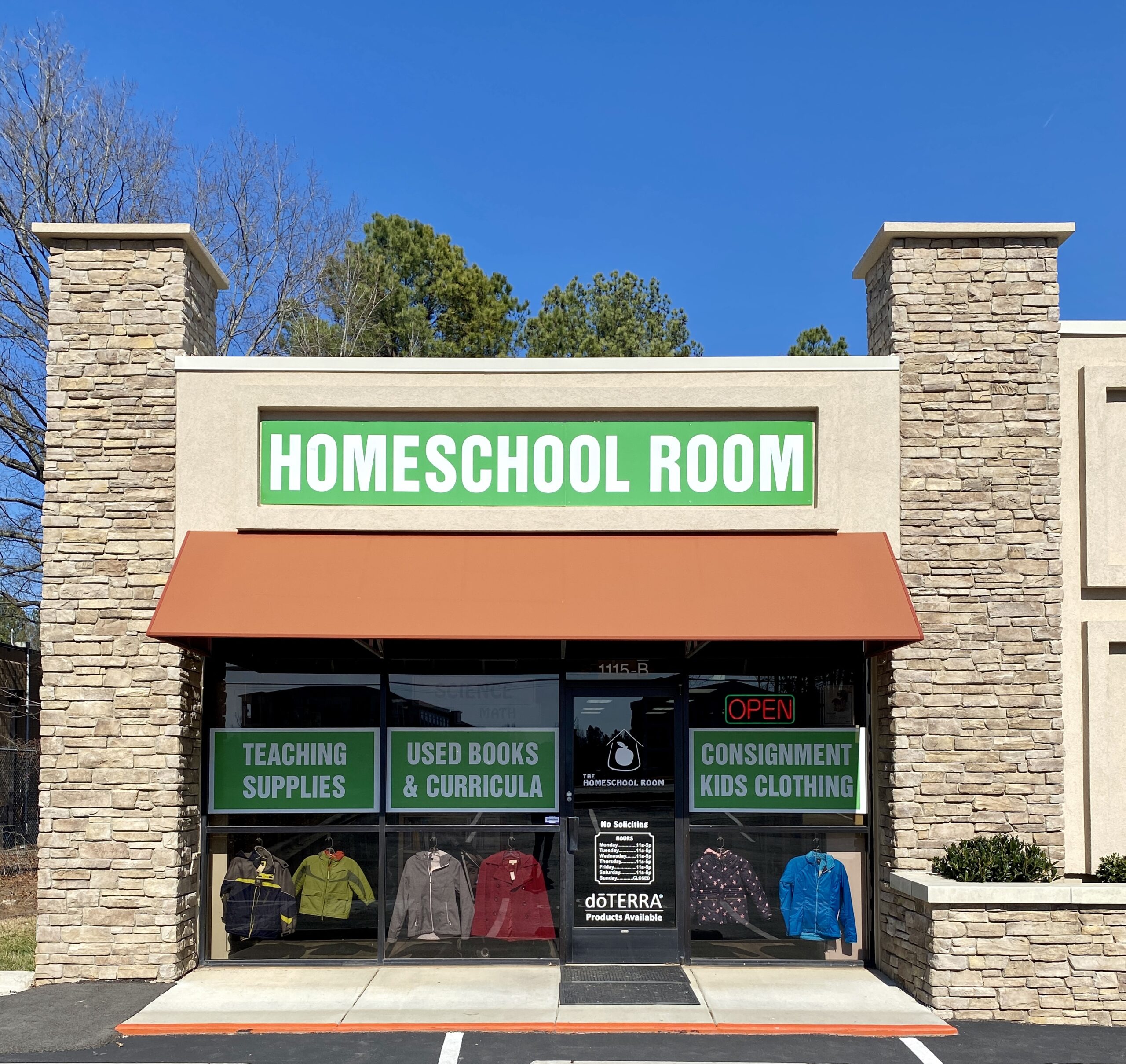 A store front with the words homeschool room on it.